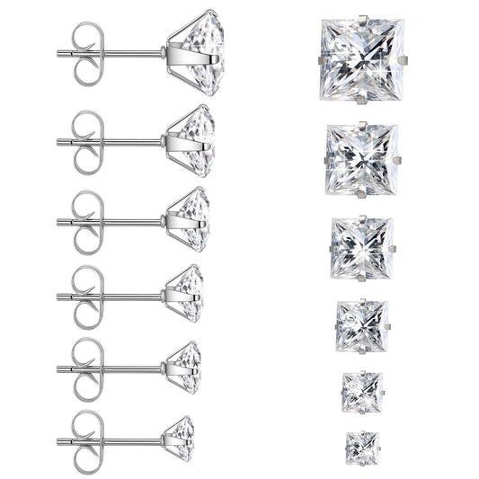 6Pairs Stainless Steel Square Cubic Zirconia Stud Earrings for Women Men