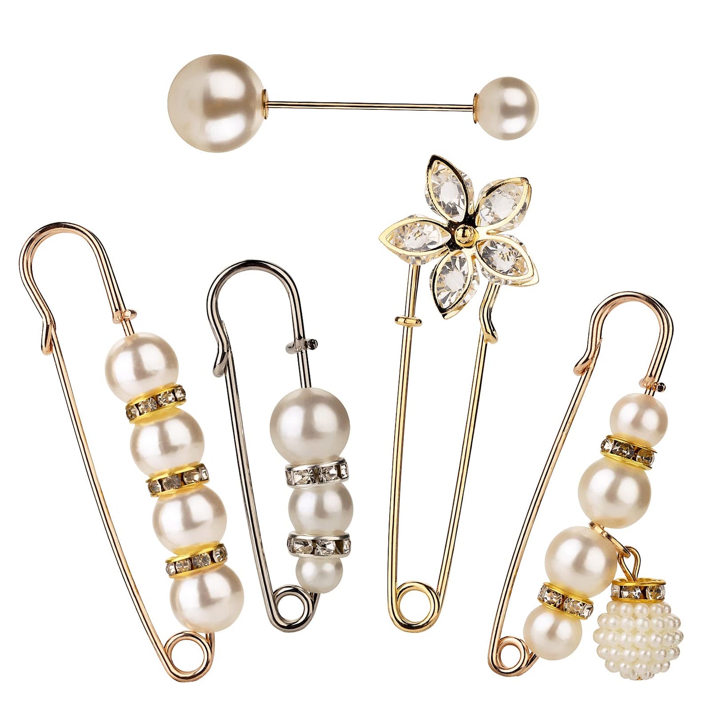 Yolev 5 Pieces Brooch Pins Artificial Pearl Safety Pins Heavy Duty Safety Pins Sweater Shawl Clip Safety Pins Beautiful and Practical Rhinestone Pins for Women
