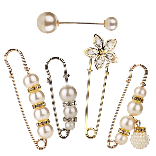 Yolev 5 Pieces Brooch Pins Artificial Pearl Safety Pins Heavy Duty Safety Pins Sweater Shawl Clip Safety Pins Beautiful and Practical Rhinestone Pins for Women