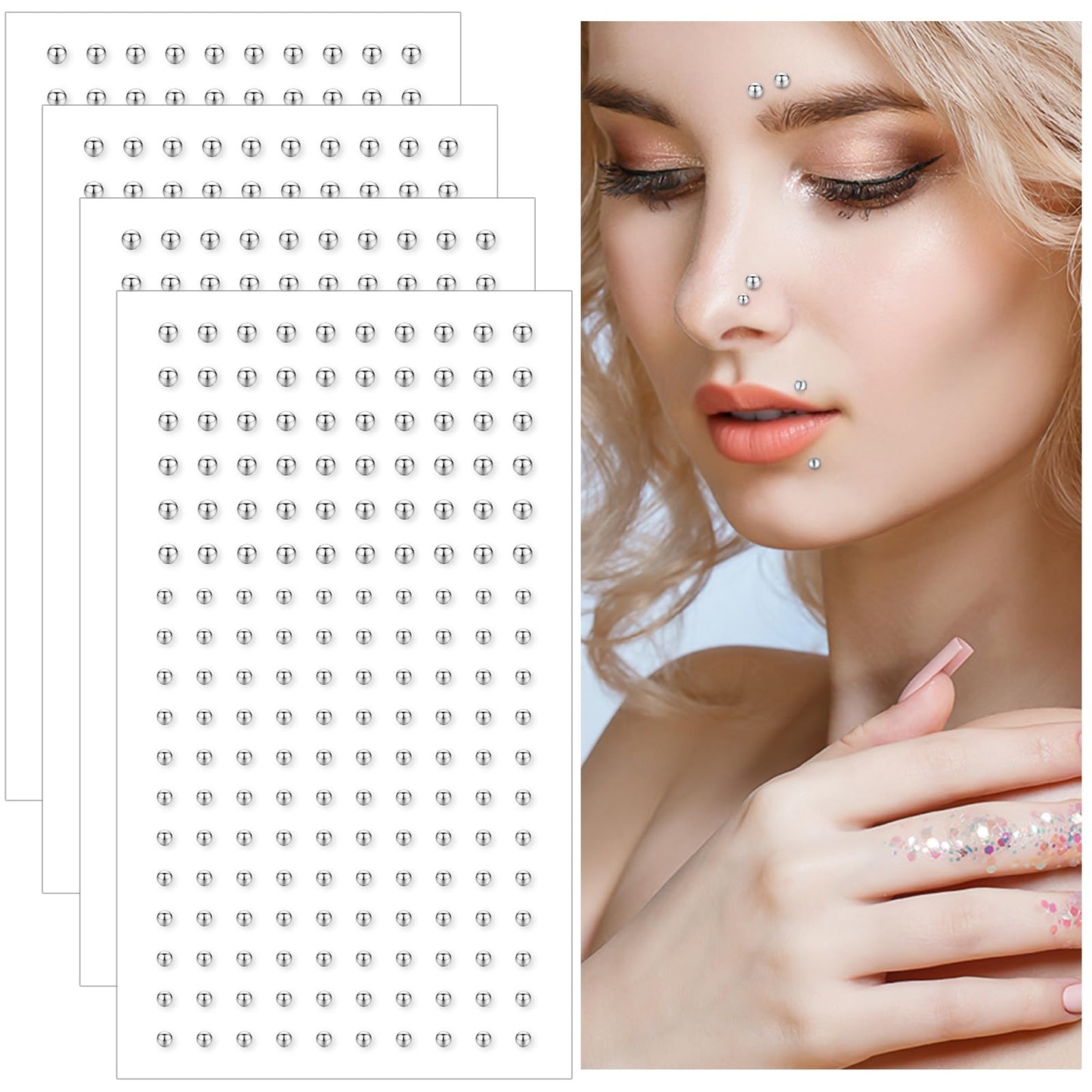 Telooco Fake Piercings Fake Nose Stud Eyebrow Ring Stick on Nose Studs Bling Gems Stick on Face Jewels Ear Lip Eyebrow Nose Body Non Piercing Studs 3/4mm