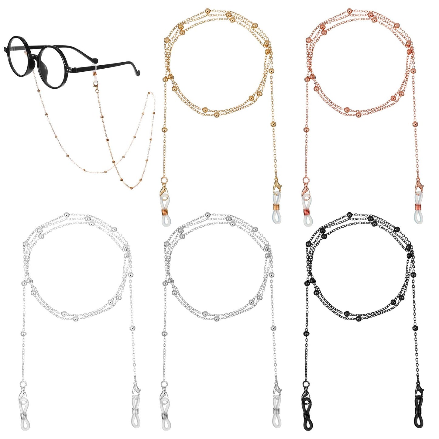 Eyeglass Chains for Women Stylish- 10 Pack Beaded Adjustable Glasses Chain | Anti-Loss Sunglasses Holder for Reading Glasses | Fashion Jewelry Accessories (Black/Rose Gold/Gold/White K/Silver)