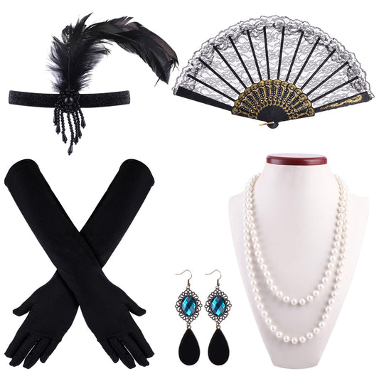 Lusofie 1920s Flapper Accessories for Women, Flapper Headband Pearl Necklace Gloves Fan Earrings Gatsby Accessories Retro Costume Accessories Set for Halloween Cosplay Party