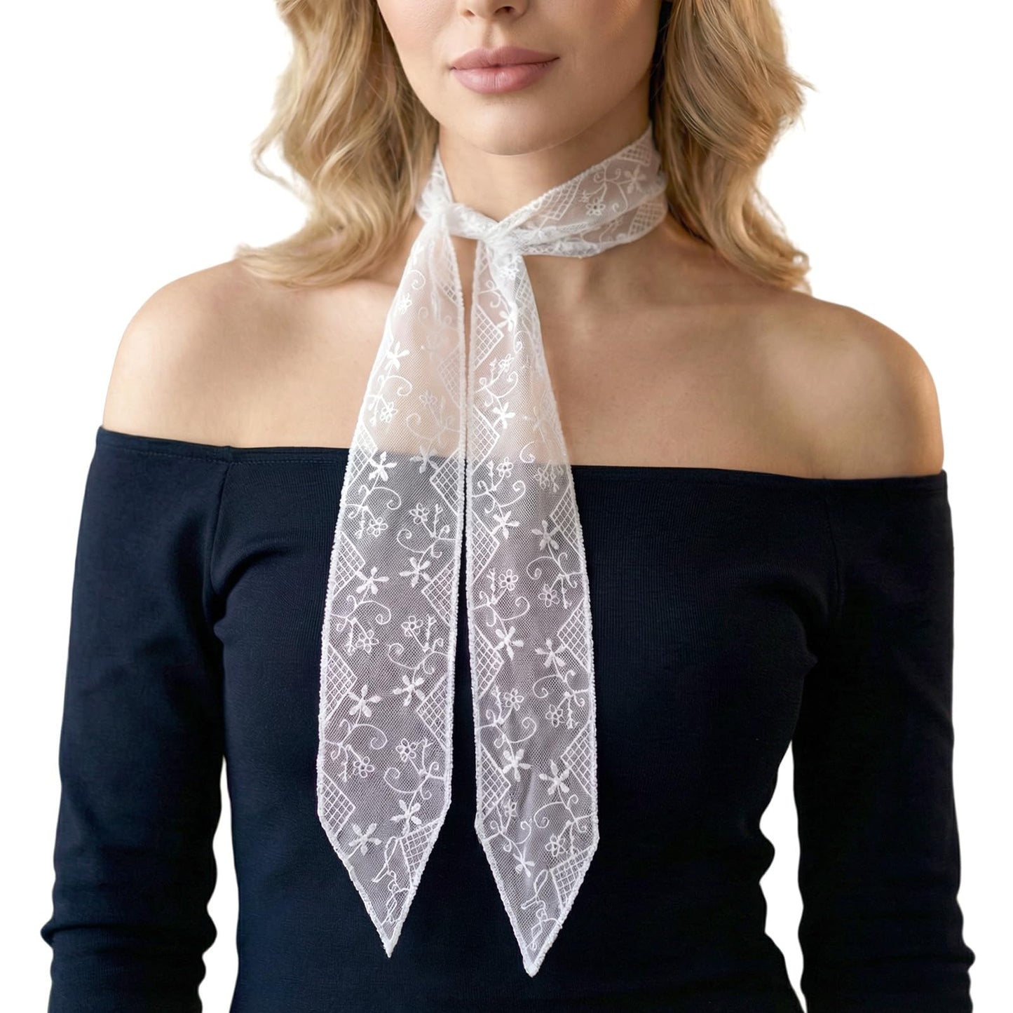 Ziuohaa lace scarf for women - Floral Embroidery skinny thin scarf - neck scarves Lightweight Fashion Accessories For Dress Blazer Coat