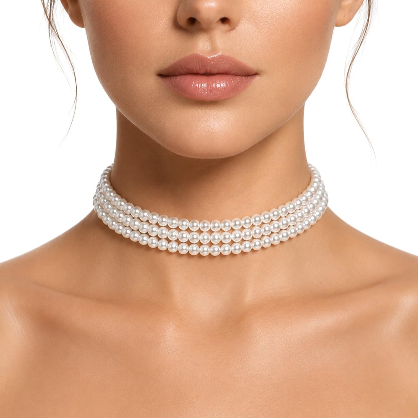 Imitation Pearl Choker Necklace Round Multi Strands Pearl Choker