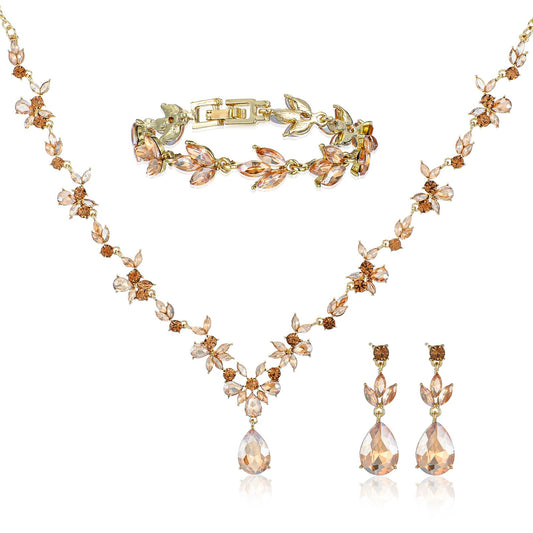 Bridal Wedding Jewelry Sets for Bride Bridesmaid Women Elegant Floral Dangle Crystal Necklace Earrings Bracelet Set Bridal Jewelry Set for Wedding Prom Party Mother Wife Daughter Sister Gold
