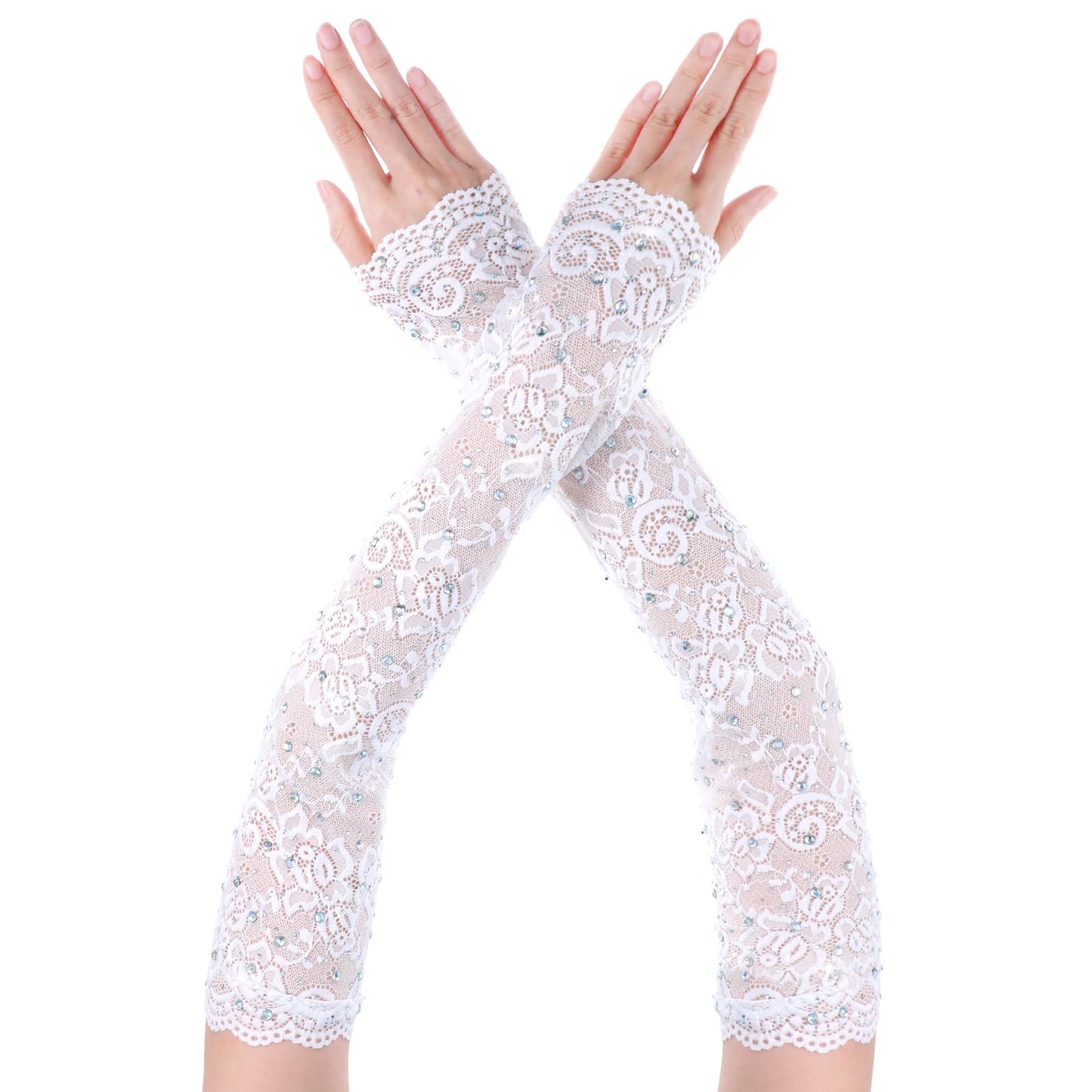 Lace Fingerless Gloves for Women Rhinestone Lace Long Gloves Elbow Length Arm Sleeve Opera Gloves Women for Halloween Wedding Prom Tea Party(White)