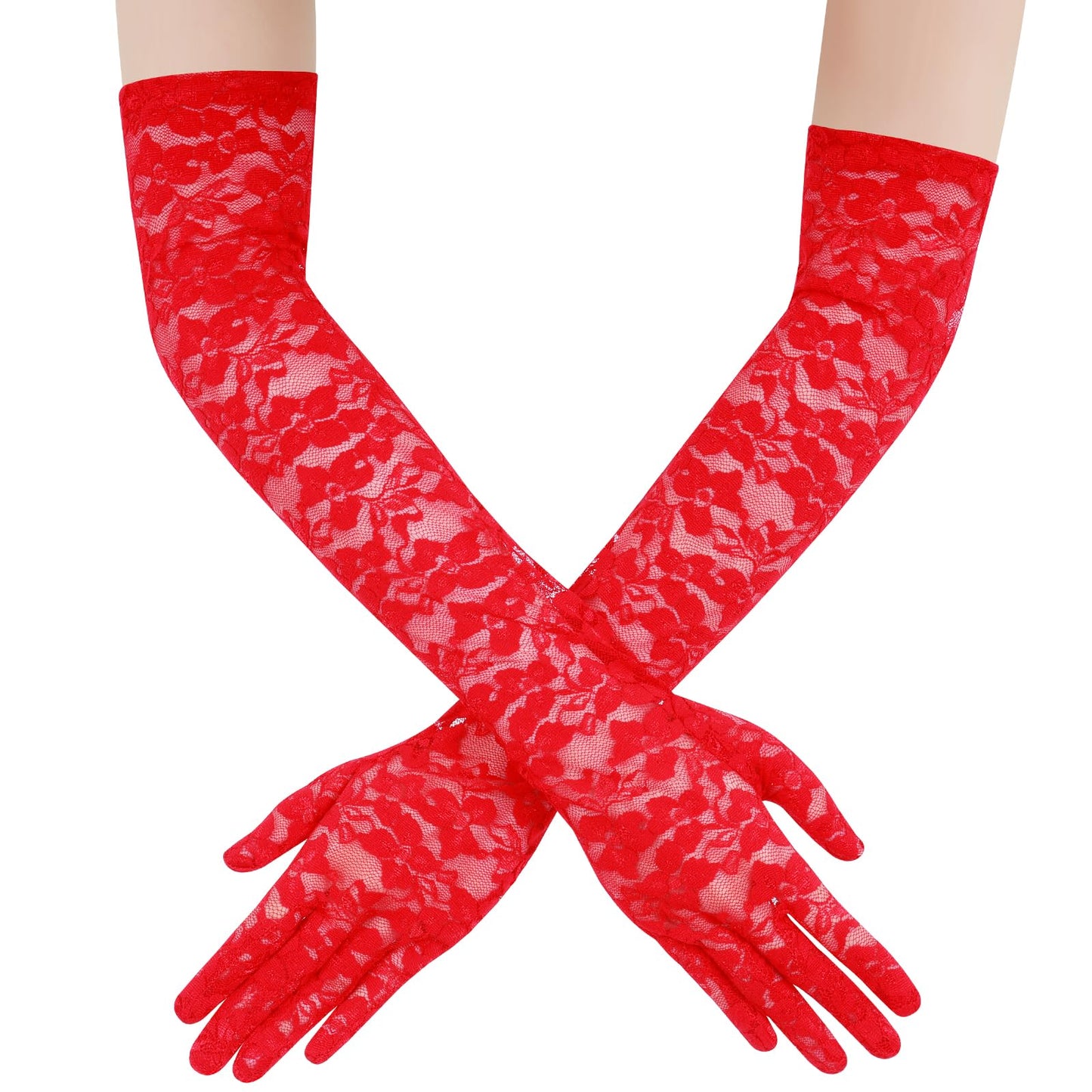 Long Lace Gloves Floral Elbow Red Gloves for Women Wedding Party 1920s Lace Opera Gloves for Dinner Parties Wedding Bridal Dance Cosplay Halloween(red)