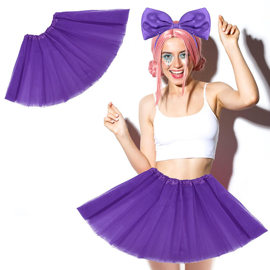 Tutu Skirt for Women Adult Tutus Ballet Skirt Elastic 4 Layered Tulle Skirts 80s Fancy Dress Halloween Christmas Costumes with Bow Headband (Purple)