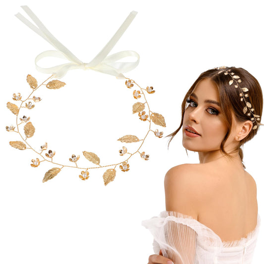 Lusofie Wedding Hair Accessories for Women, Gold Headband with Leaf, Gold Headpiece, Handmade Bridal Headpieces for Pageants Wedding Prom Birthday