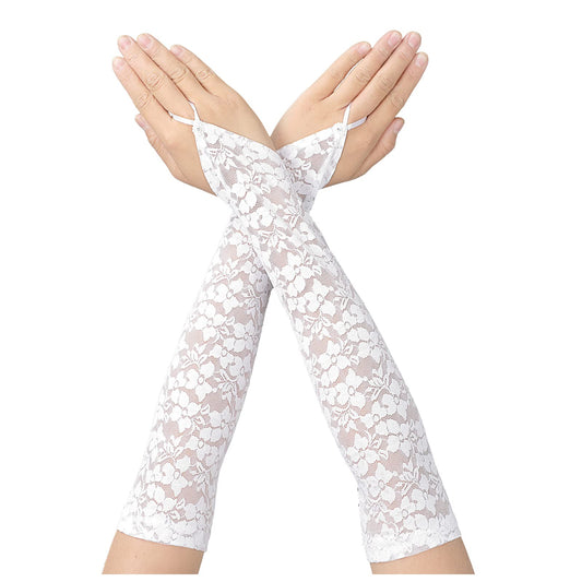Long Fingerless Lace Gloves for Women Floral Lace Gloves Vintage Elbow Length Long Gloves for Wedding Dinner Parties (White)