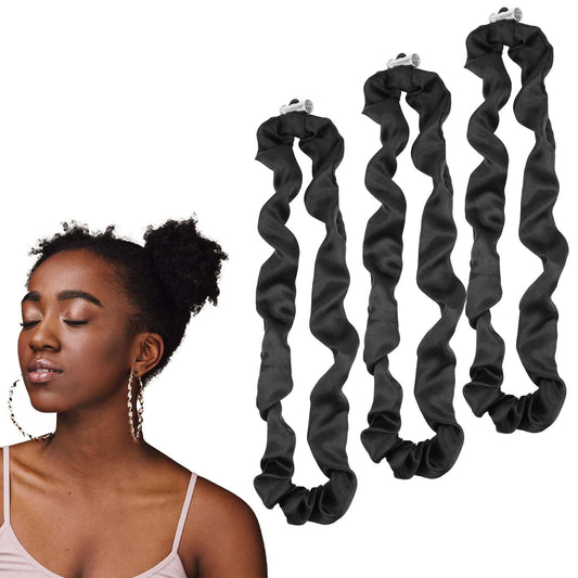 Lusofie 3pcs Adjustable Hair Tie Silky Satin Fabric, Elastic Rubber Bands, Black, Hair Accessories for Women