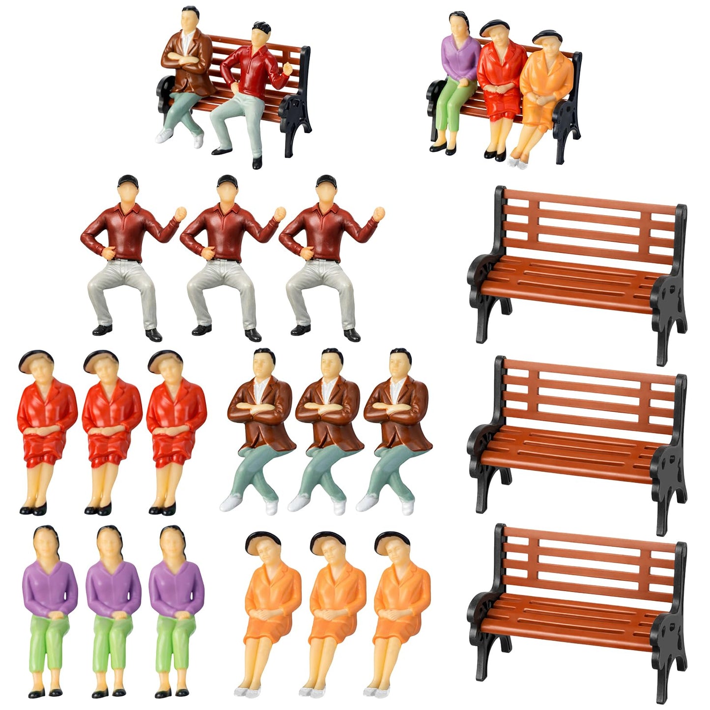 Tucnoeu 15 Pieces O Scale 1:50 People with 3 Park Benches, Miniature People Figurines Seated and Standing Passengers for O Scale Model Train Railway