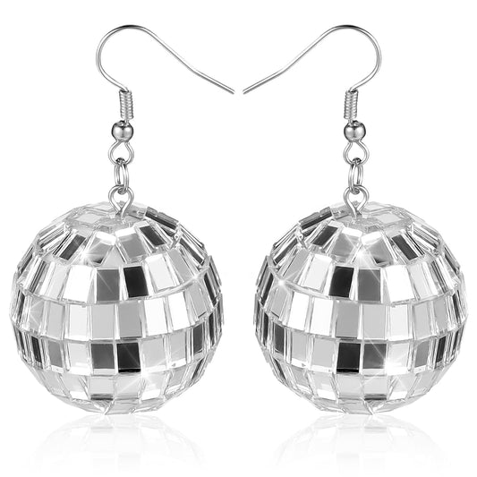 Disco Ball Earrings 20mm Silver Disco Mirrorball Earrings 70s Vintage Disco Jewelry for Women Halloween Costume Party Accessories