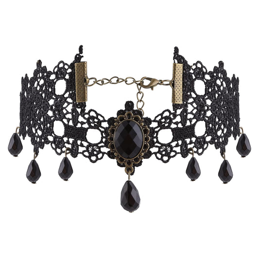 Halloween Black Lace Choker Gothic Steampunk Necklace Black Neck Chain Collar with Crystal for Women and Girls Halloween Cosplay Party Vintage Costume