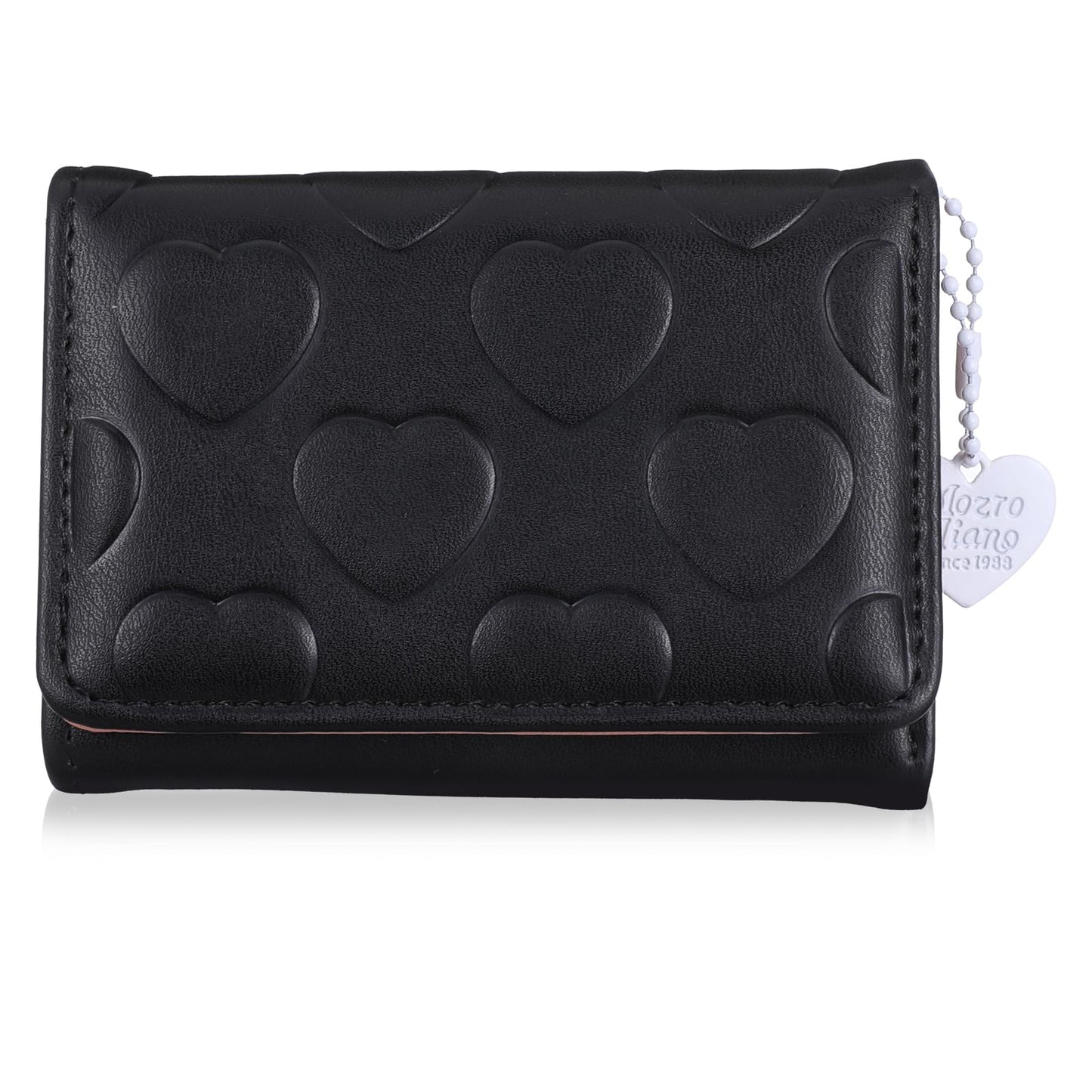Gemoioio Trifold Small Wallets Woman – Slim PU Leather Wallet with Heart Chain, ID Window & Card Holder Cute Compact Wallet for Women & Girls (Black)