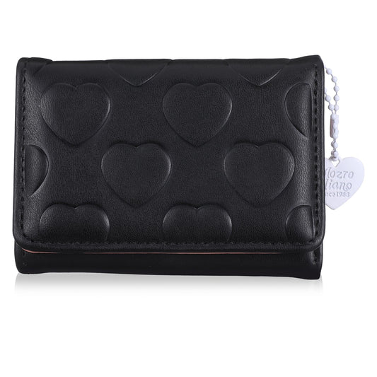 Gemoioio Trifold Small Wallets Woman – Slim PU Leather Wallet with Heart Chain, ID Window & Card Holder Cute Compact Wallet for Women & Girls (Black)