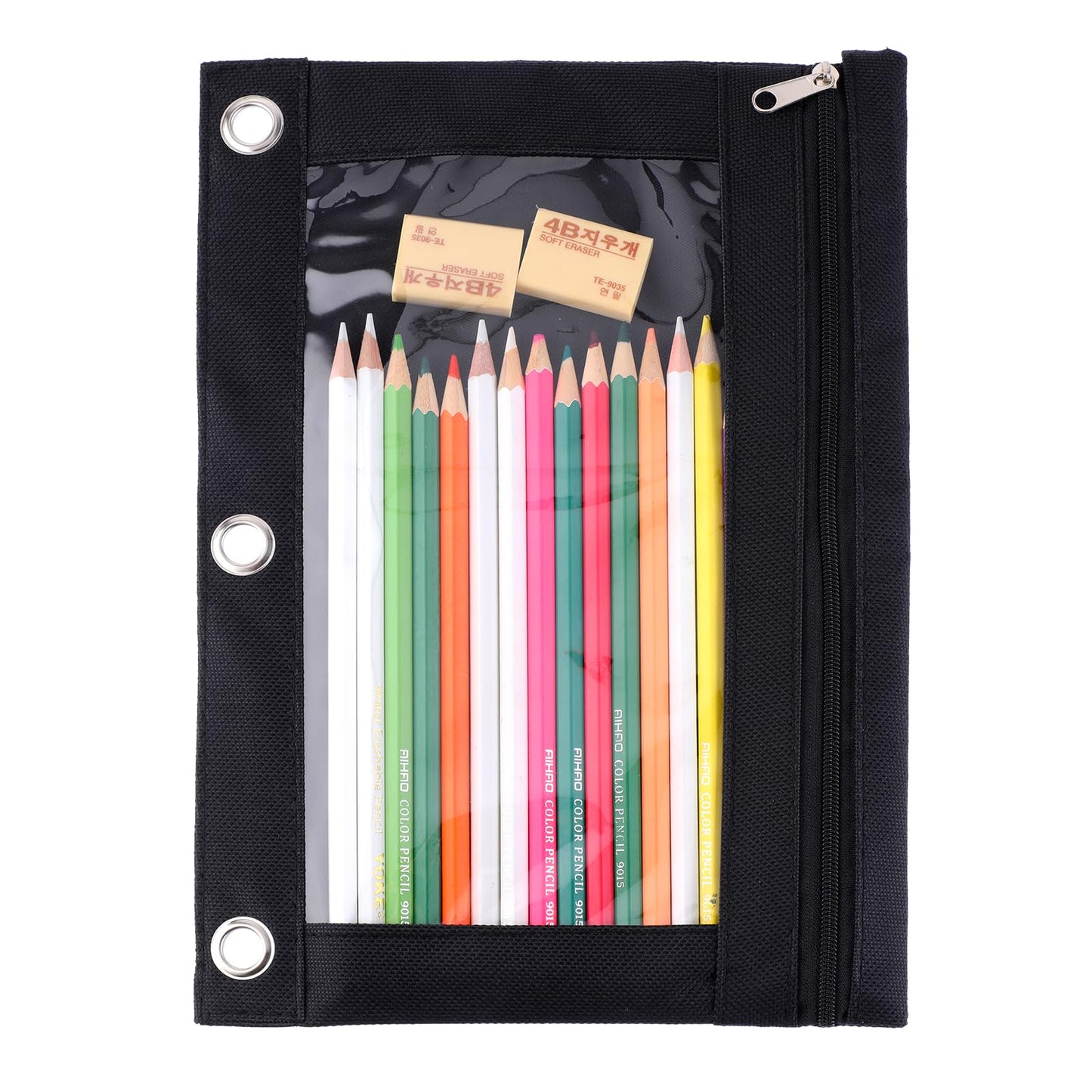 Pencil Pouch for 3 Ring Binder, Pencil Bags with Zipper Clear Window Pencil Case Pouch Large Binder Pencil Pouch with 3 Reinforced Grommets Zipper Pen Pouches for Office Supplies Cosmetics