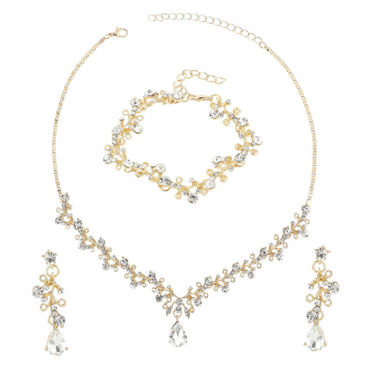 Rhinestone Bridal Wedding Jewelry Sets Gold Jewelry Set for Women Crystal Necklace Bracelet Earrings Set for Brides Bridemaid Prom Costume Accessories