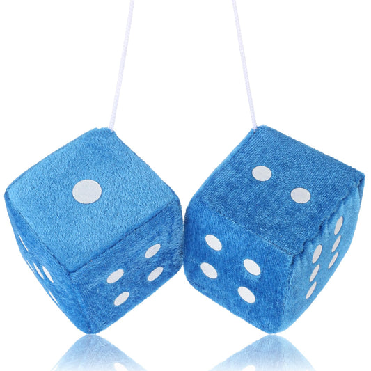 DIVINA VITAE Fuzzy Dice for Rear View Mirror, Blue Fuzzy Dice for Car Mirror, 2.75inch Pair of Plush Retro Square Hanging Dice with White Dots Cute Car Decoration Ornament Accessories (Blue)