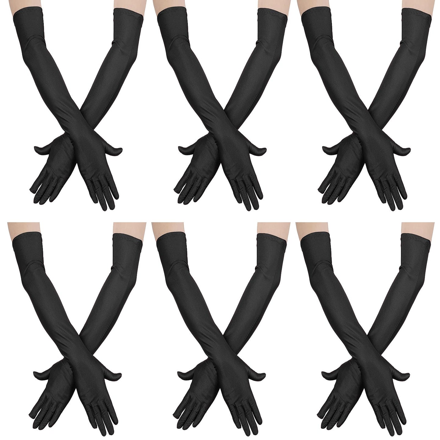 Yolev 6 Pairs Long Evening Gloves Opera Elbow Length Satin Gloves Vintage Formal Fancy Dress Glove for Halloween Prom Party (Black)