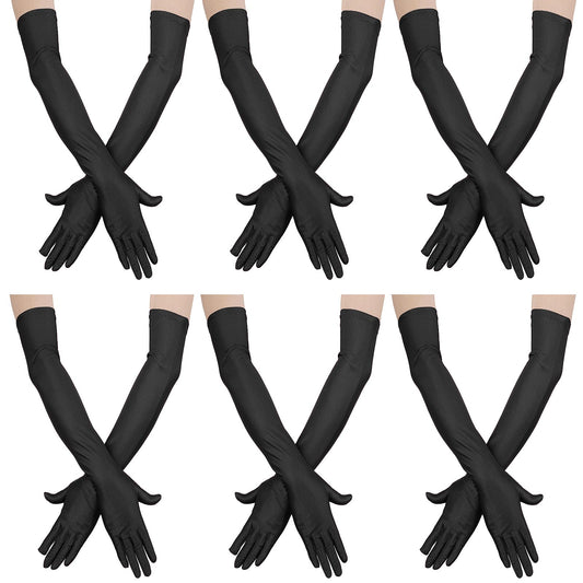 Yolev 6 Pairs Long Evening Gloves Opera Elbow Length Satin Gloves Vintage Formal Fancy Dress Glove for Halloween Prom Party (Black)