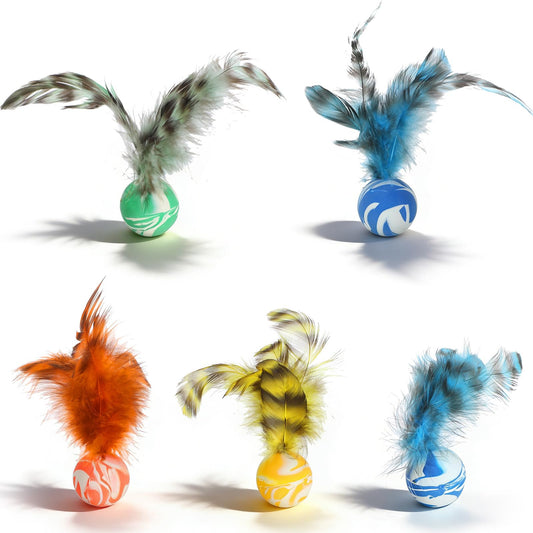 Fiyooau Feather Cat Toy Bouncy Balls for Cats - 5 Pack Rubber Cat Balls Toys with Feathers for Indoor Cats, Kitten Fetch Chase Toy for Interactive Exercise & Hunting Play