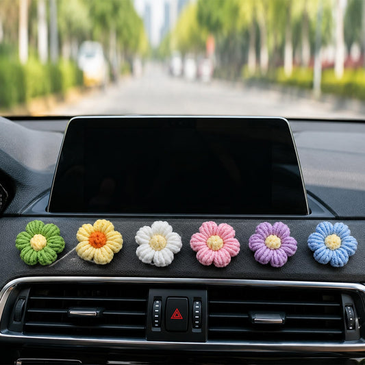 Fiyooau 6Pcs Flower Car Dashboard Decorations, Self-Adhesive Crochet Flower Cute Car Decor Handmade Flowers Aesthetic Home Accessories