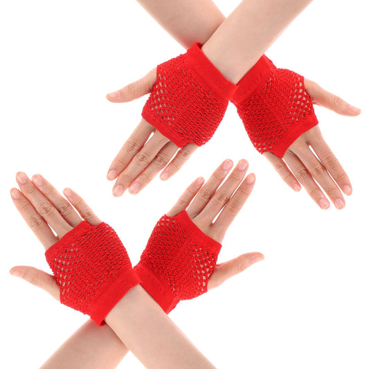 DIVINA VITAE 2 Pairs Red Fingerless Fishnet Gloves Women 80s Short Stretch Mesh Gloves Retro Nylon Fish Net Fingerless Gloves for 80's Theme Party Halloween Cosplay Women Costume Accessories
