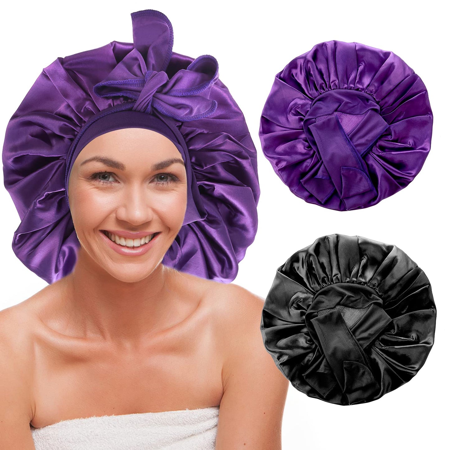DIVINA VITAE 2PCS Satin Silk Hair Bonnet for Sleeping Large Soft Sleep Cap for Black Women Hair Wrap with Wide Tie Band Hair Cap Band Bonnet for Curly Hair