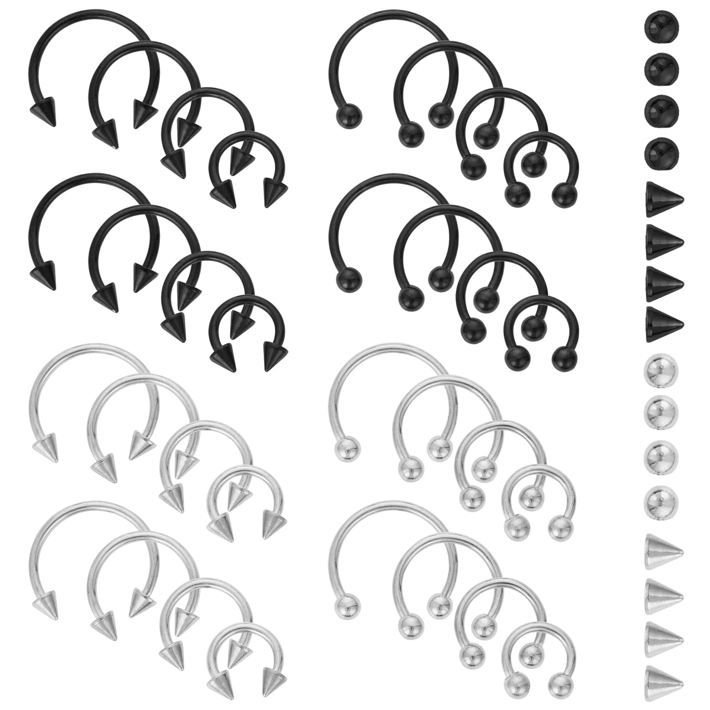 Yolev 32Pcs Horseshoe Rings Surgical Steel 16G Variety of Sizes Horseshoe Rings Surgical Steel Nose Septum Horseshoe Hoop Earring Eyebrow for Women Men Smily Piercing Jewelry