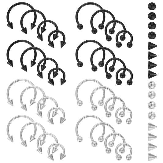 Yolev 32Pcs Horseshoe Rings Surgical Steel 16G Variety of Sizes Horseshoe Rings Surgical Steel Nose Septum Horseshoe Hoop Earring Eyebrow for Women Men Smily Piercing Jewelry