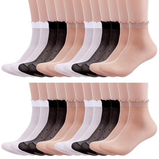 Lusofie 12Pairs Sheer Socks for Women, Dot See Through Socks Ultra Thin Sheer Ankle Sock for Women (Black, White, Nude)