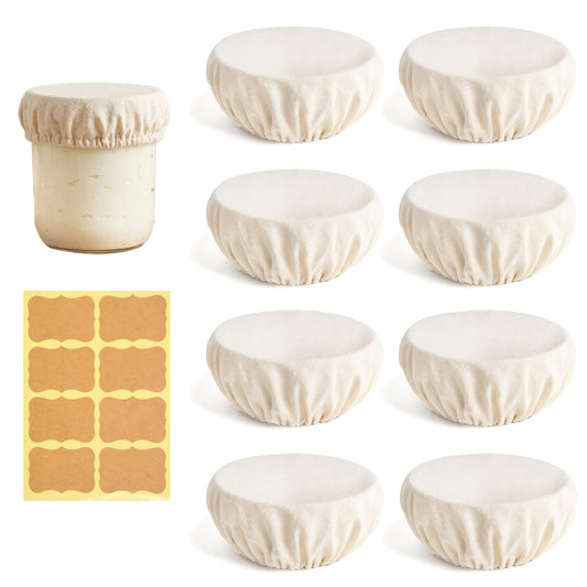 8PCS Sourdough Jar Cover with Writable Blank Sticker, Reusable Cotton Bread Fermentation Container Top, Elastic Wide-Mouth Cloth Covers for Sourdough Starter Jars Kombucha Mason Jars Fermented Cheese