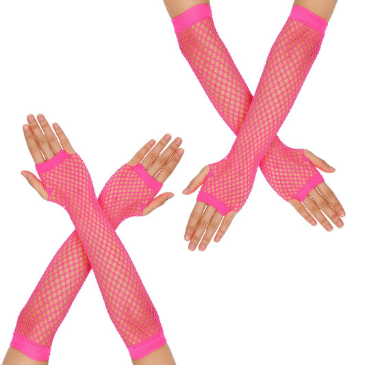 Lusofie Pink Fishnet Gloves 2 Pairs Fingerless Long Mesh Gloves for Women Fishnet Arm Sleeves for Theme Party Cosplay Costume Accessories(Rose Red/Fluorescent Green/Black) (Rose red)