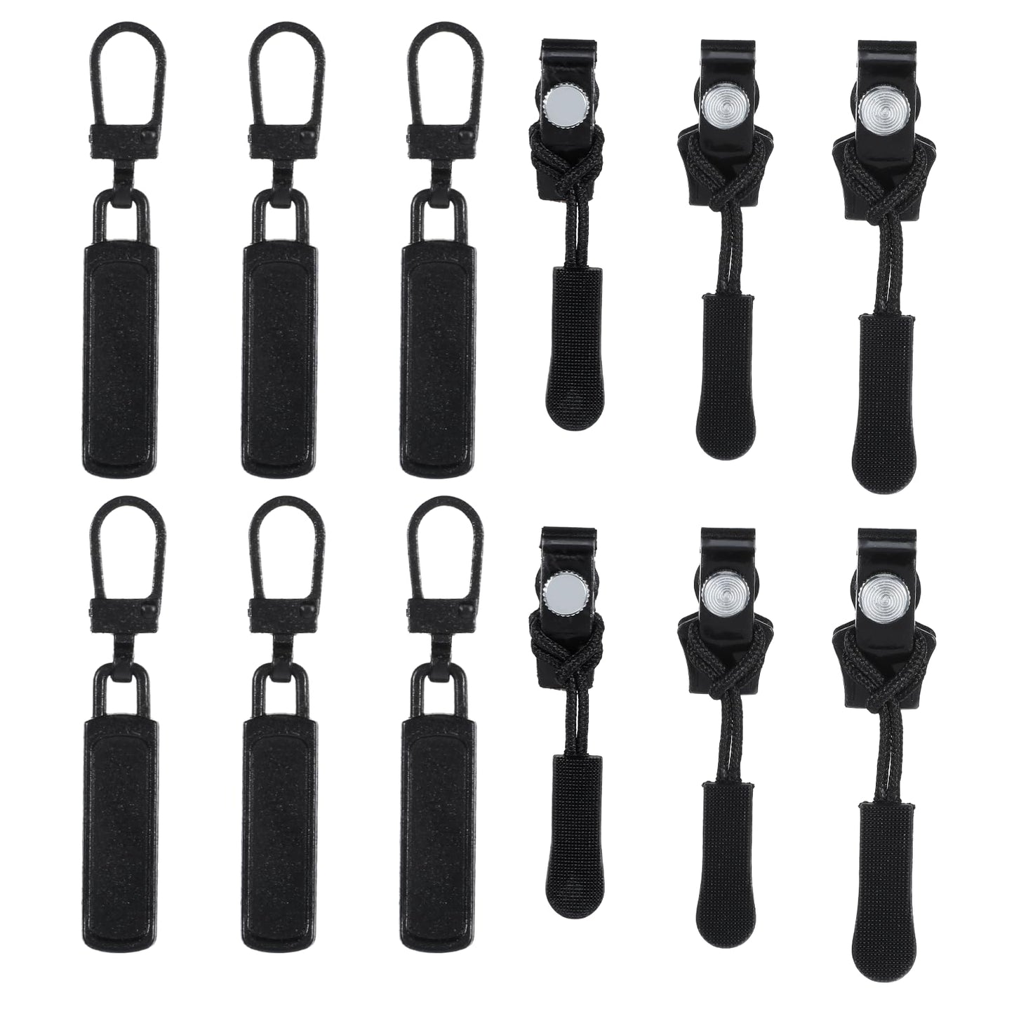 Zip Repair Kit - 12Pcs Zipper Pull Replacement Black Universal Zipper Repair Kit Instant Zip Replacement Slider with 3 Different Sizes Nylon Coil Fix Zipper Puller for Luggage, Backpacks, Jackets