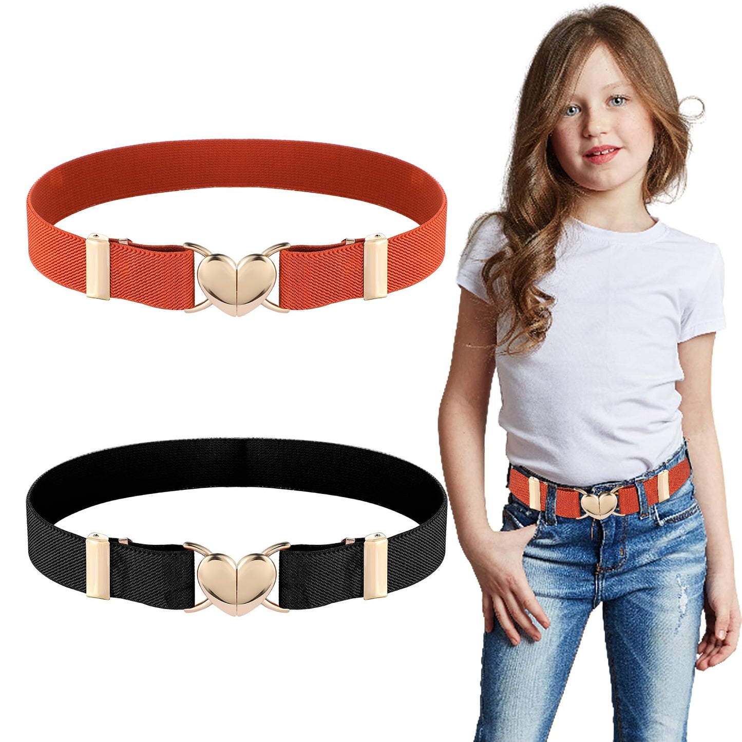 DIVINA VITAE 2 Pieces Girls Belt Heart Buckle Belt Elastic Belts for Toddler Kids Belt Adjustable Waist Belt Stretch Belts for Girls Jeans Dress Back to School