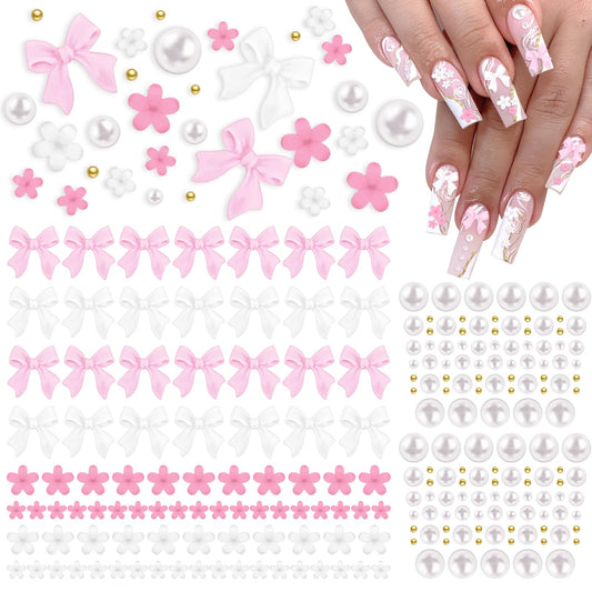1000 Pcs Pink Bow Nail Charms 3D Resin Flatback Bowknot Charms Cute Kawaii Nail Charms for Acrylic Nail Design White Half Pearls for Nails Flower Charms for DIY Crafts Nail Art Decoration Accessories
