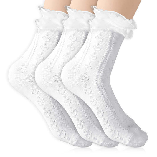 Telooco 3 Pairs White Frilly Socks Women Lace Socks Ruffle Frilly Socks Soft Cotton Mary Jane Socks Ruffle Ankle Socks for Ladies Gril