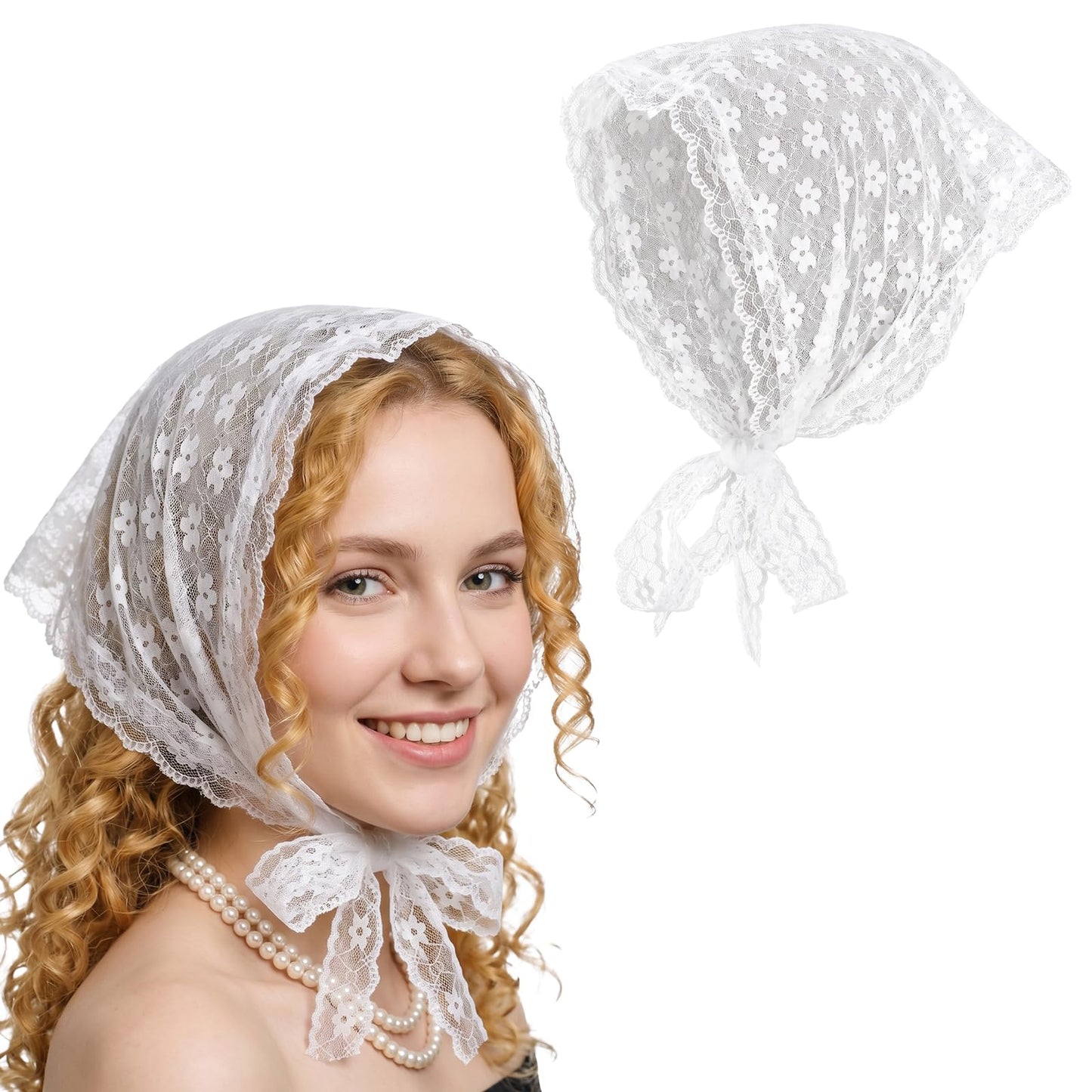 White Floral Triangle Head Scarf, Adjustable Triangular Lace Bandana