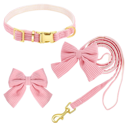 Dog Collar and Leash Set with Bowtie, Adjustable Velvet Dog Collar with Metal Buckle, Cute Girl Dogs Collars, 9‘’-13‘’for Small Medium Puppy Dogs with 5 FT Leash (Pink, S)