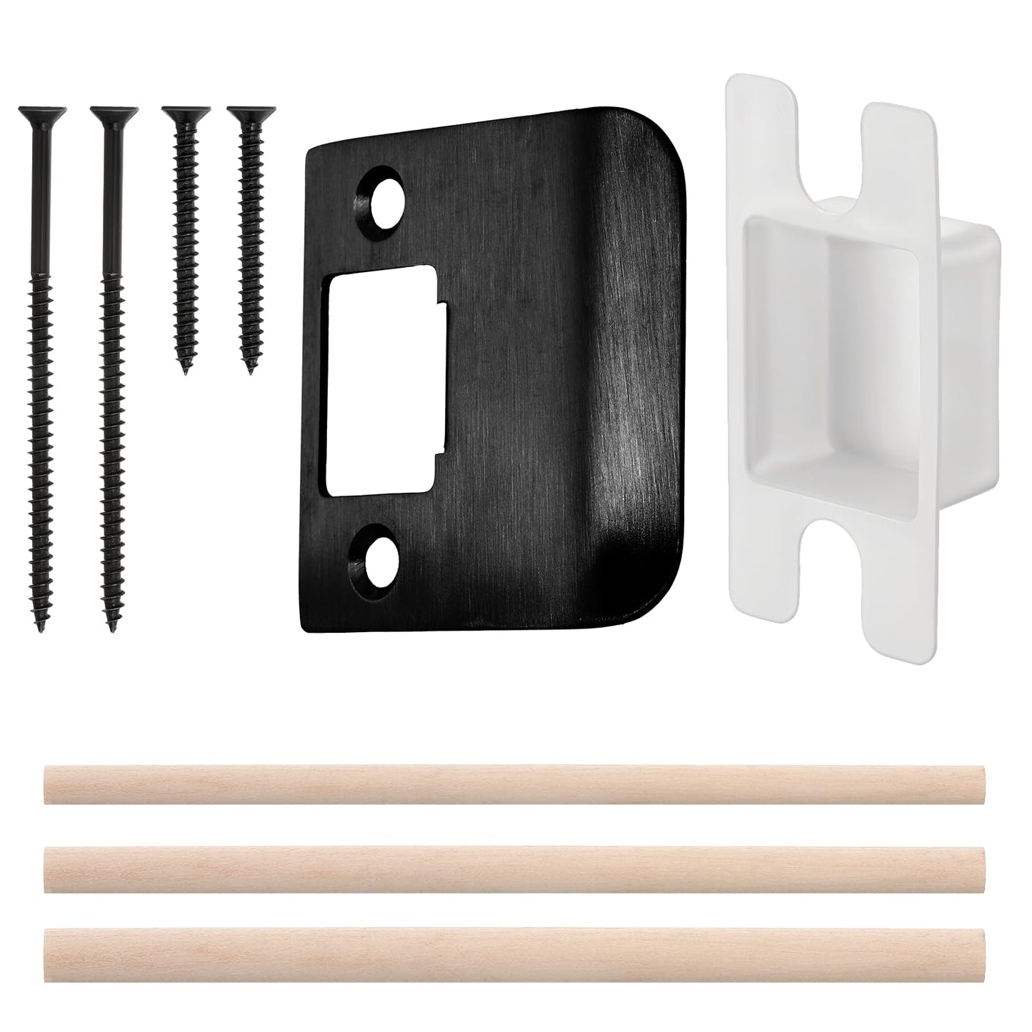 Extended Strike Plate, 2-1/4" x 2-1/4"Extender Lip Latch Striker with Star Screws, Wooden Stick and Dust Box