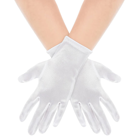 Women Short Satin Finger Gloves Bridal Dance Gloves Party White Stretchy Gloves Adult Size Total Length 9 In for Wedding Banquet Dress and Party Dance(White)