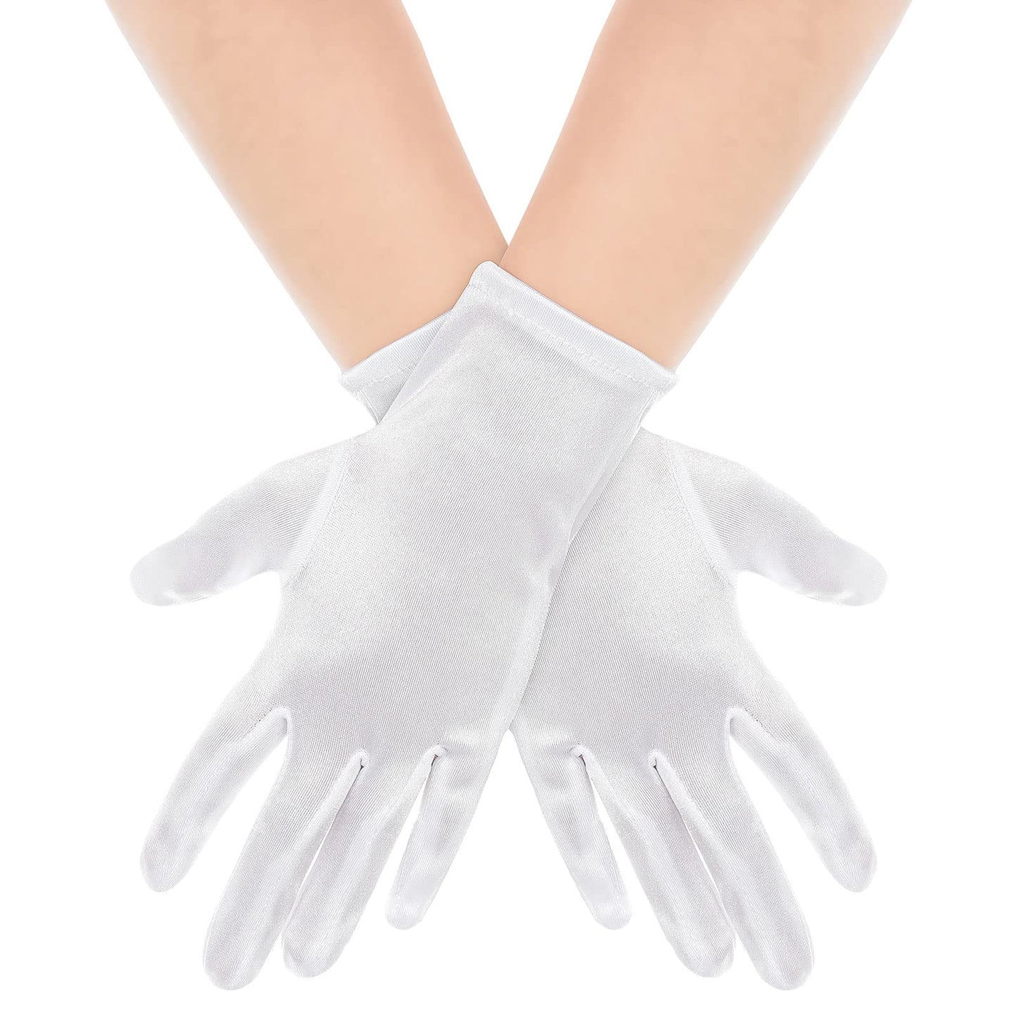 Women Short Satin Finger Gloves Bridal Dance Gloves Party White Stretchy Gloves Adult Size Total Length 9 In for Wedding Banquet Dress and Party Dance(White)