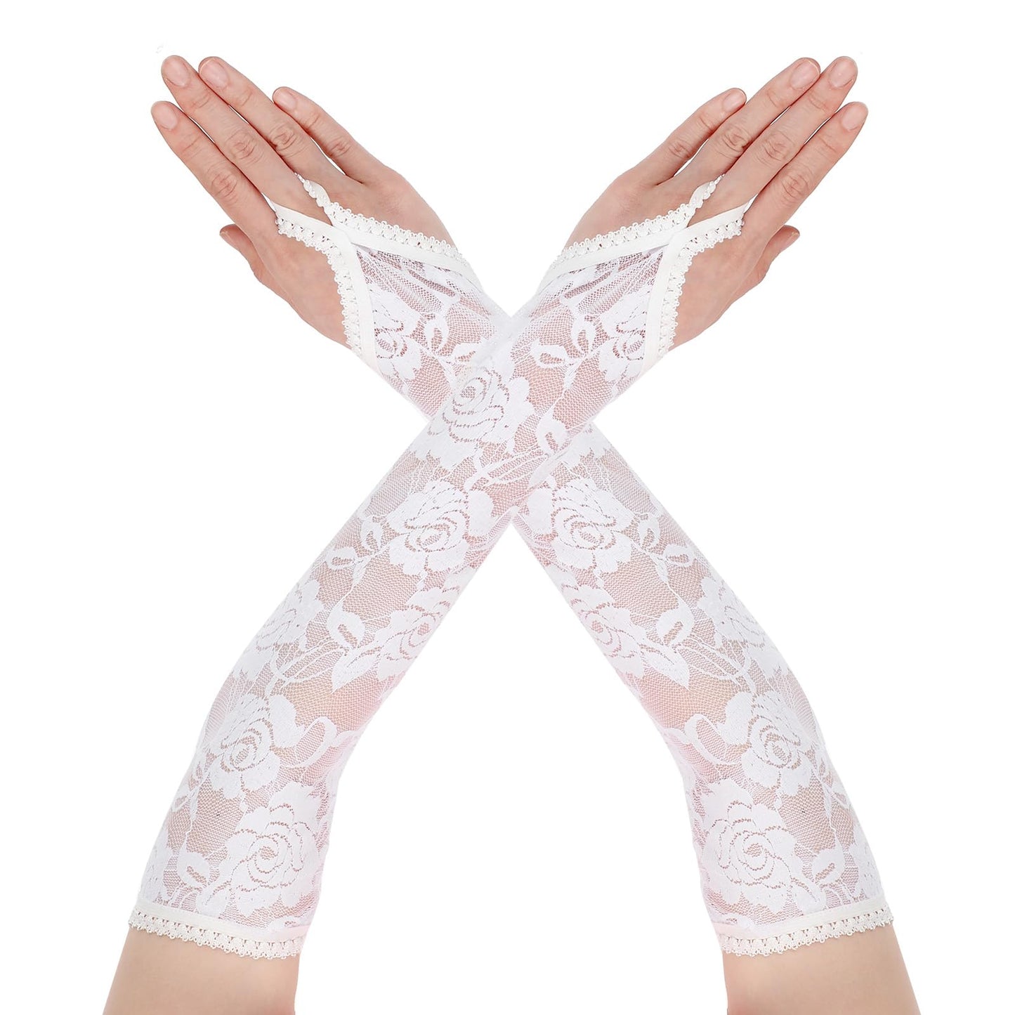 Fingerless Lace Gloves For Women Elbow Length Elegant Floral Long Lace Gloves For Opera 20s Wedding Tea Party Cosplay(White)