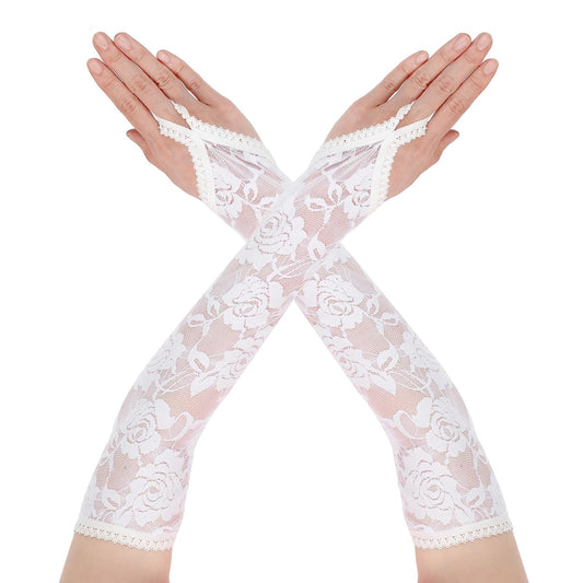 Fingerless Lace Gloves For Women Elbow Length Elegant Floral Long Lace Gloves For Opera 20s Wedding Tea Party Cosplay(White)