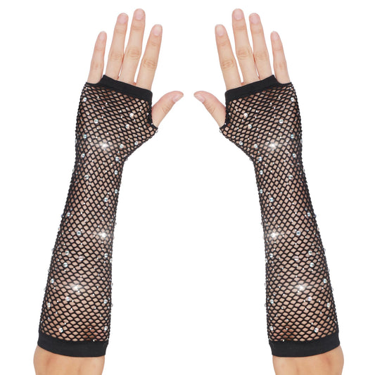Lusofie Fishnet Gloves Fingerless With Rhinestone Long Fingerless Mesh Gloves for Women Girls 80s Halloween Scene Accessories(Black)