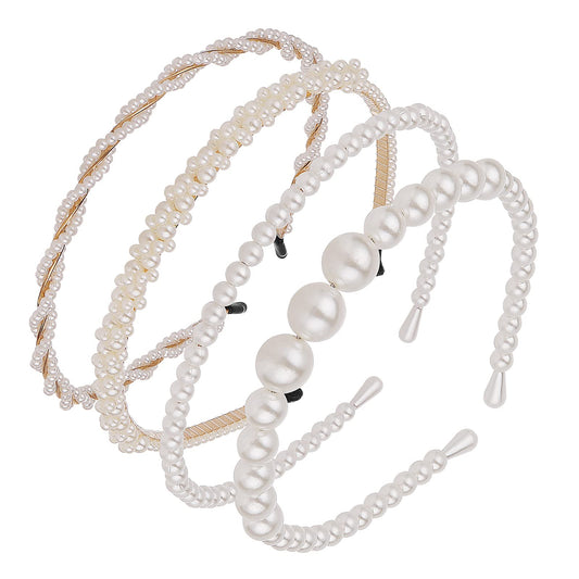 Yolev 4Pcs White Pearls Headbands, White Artificial Pearl Rhinestones Hairbands,Bridal Hair Hoop Party Wedding Hair Accessories for Women Girls
