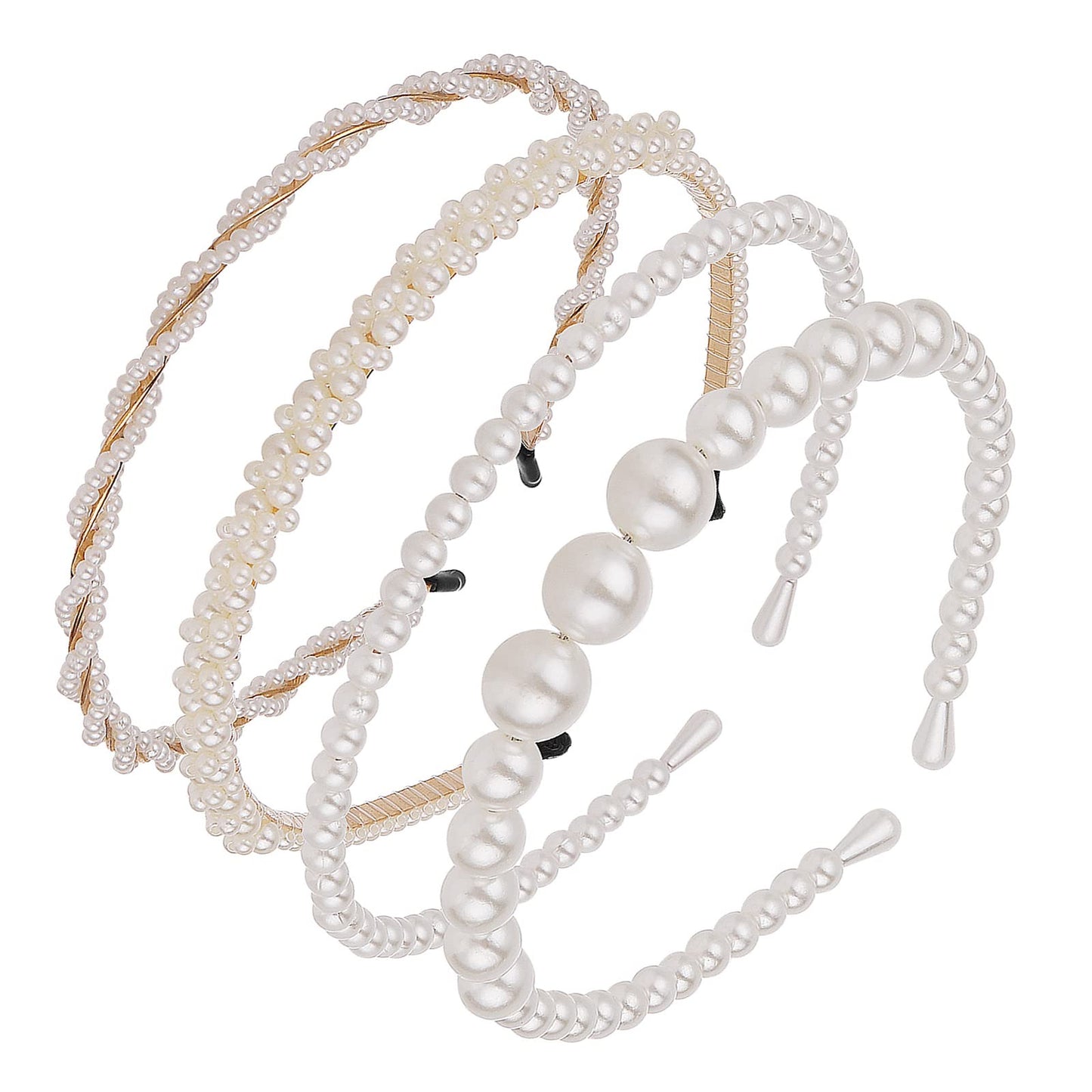 Yolev 4Pcs White Pearls Headbands, White Artificial Pearl Rhinestones Hairbands,Bridal Hair Hoop Party Wedding Hair Accessories for Women Girls
