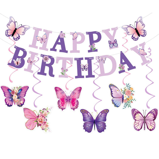 Butterfly Party Decor,Purple Happy Birthday Banner,Hanging Swirls Butterfly Theme Birthday Decorations