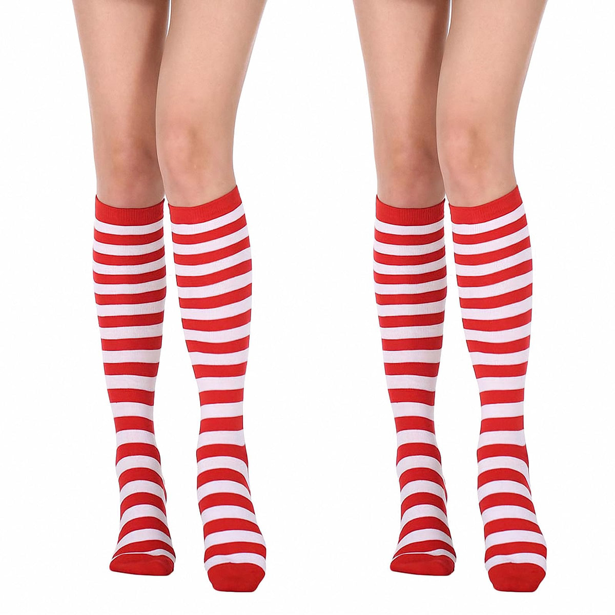HaiFafafaing 2 Pairs Striped Knee High Socks Tube Red and White Knee High Striped Socks for Women Halloween Christmas Party Stockings